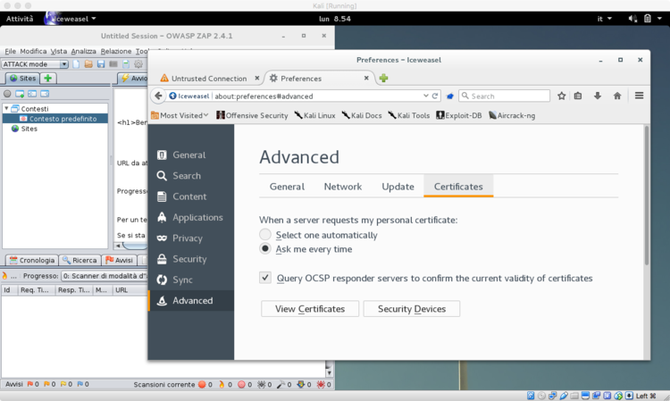 Menu' dei certificati